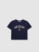 %Pto% Camiseta cropped manga curta Michigan azul marinho vista frontal