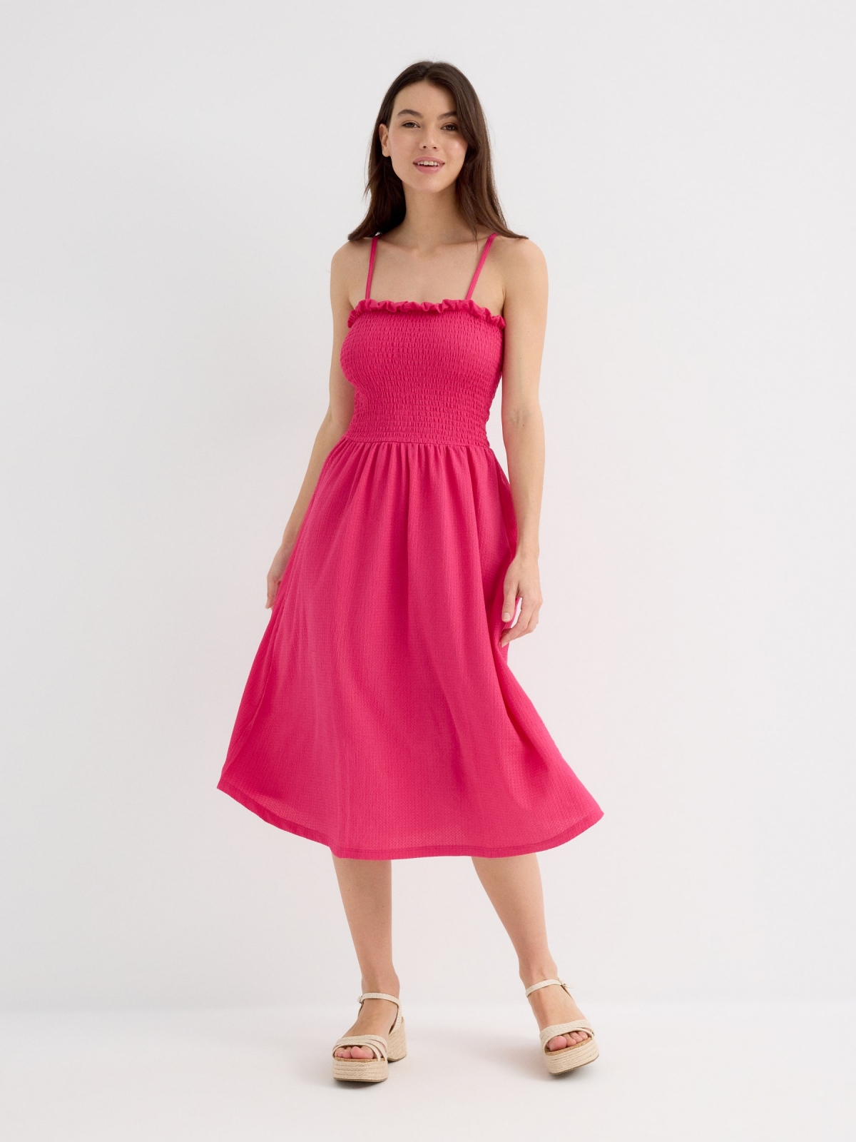 Fuchsia strappy midi dress fuchsia three-quarter front view