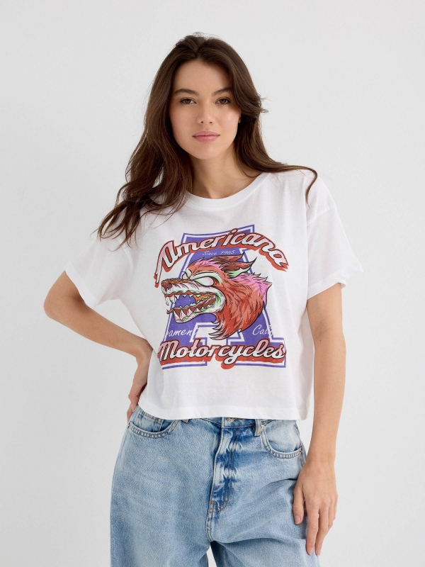 Camiseta crop Americana Motorcycles blanco vista media frontal