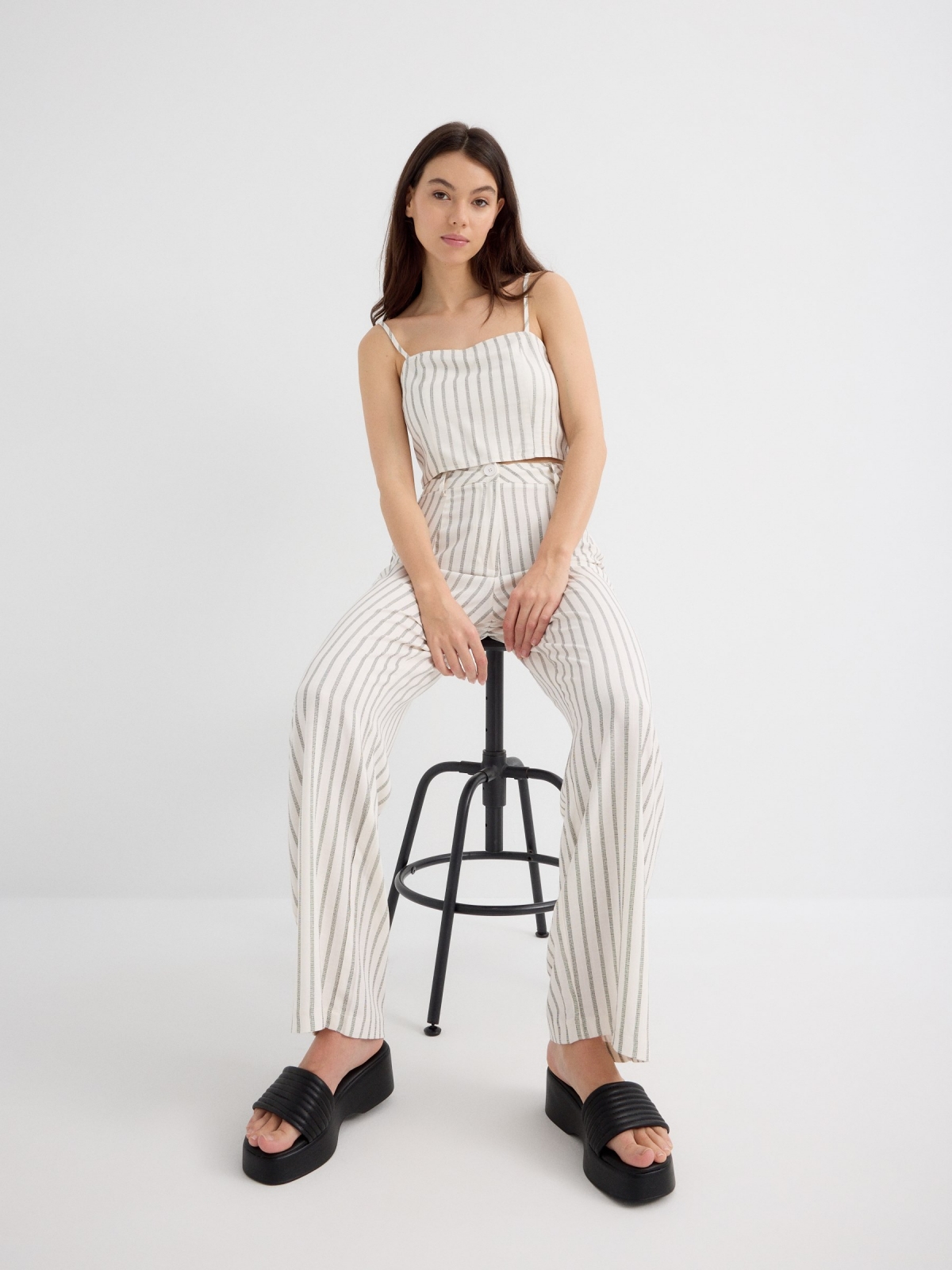 %New% Calça fluida rústica listras off white