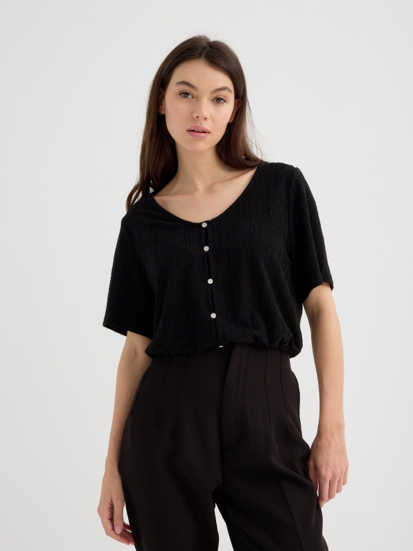 Short sleeve button shirt black middle front view