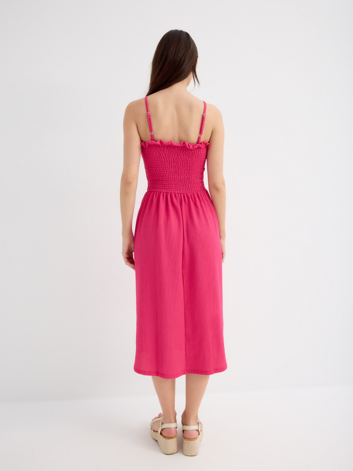 Fuchsia strappy midi dress fuchsia three-quarter back view