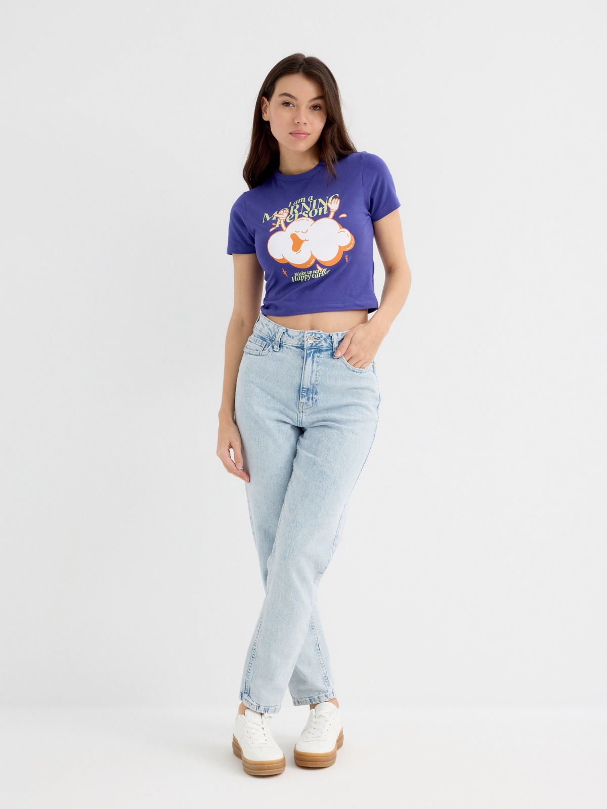 Camiseta manga curta cropped Morning azul marinho vista geral frontal