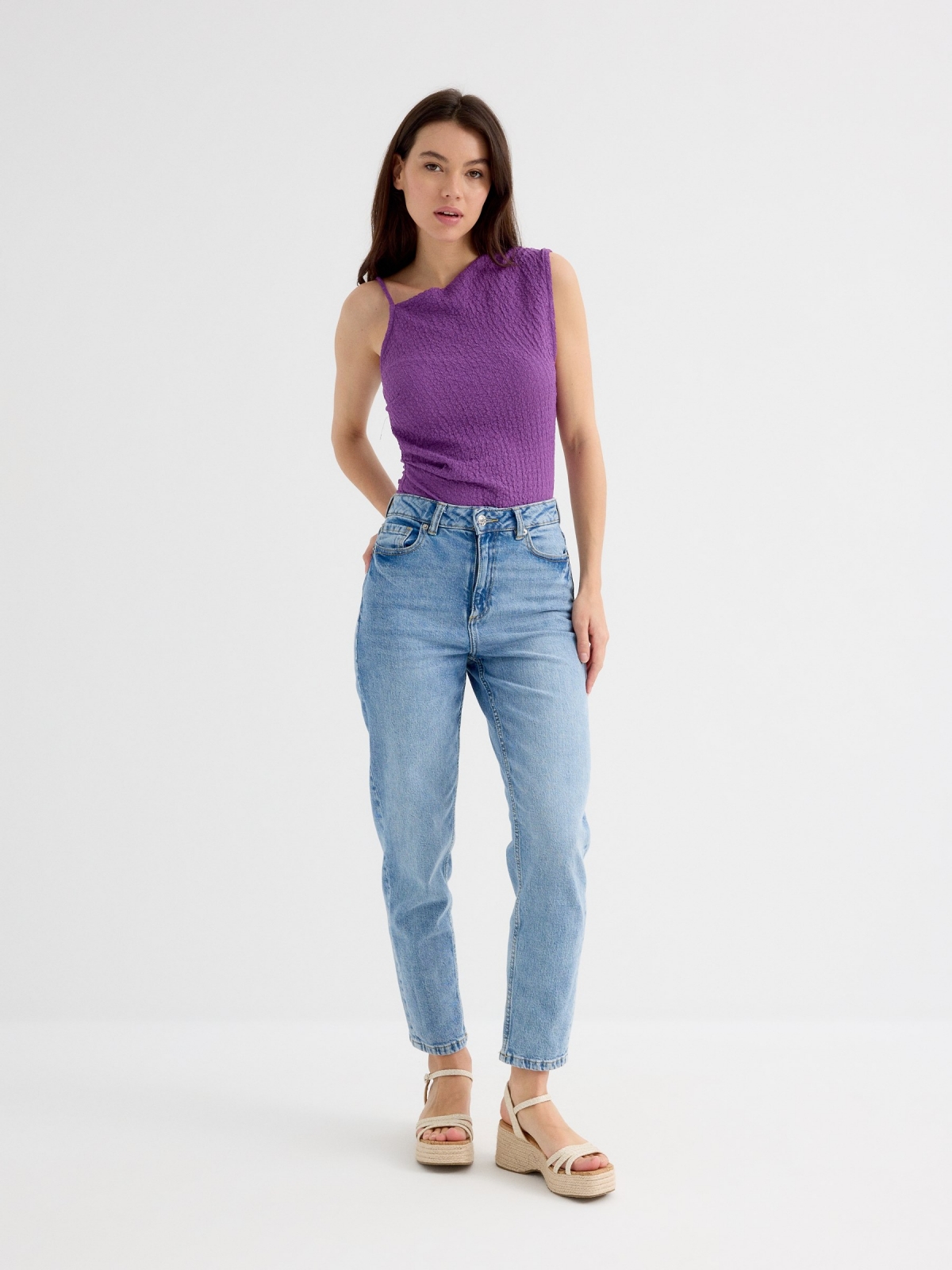 Asymmetric top with textured relief purple general front view