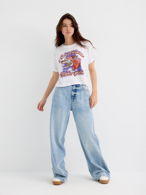 Camiseta crop Americana Motorcycles blanco vista general frontal