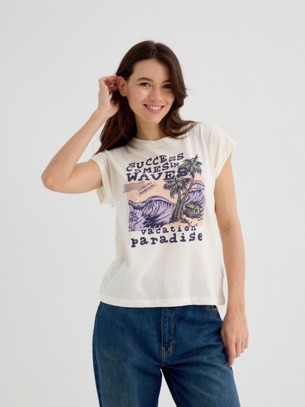 Camiseta sin mangas Waves blanco roto vista media frontal