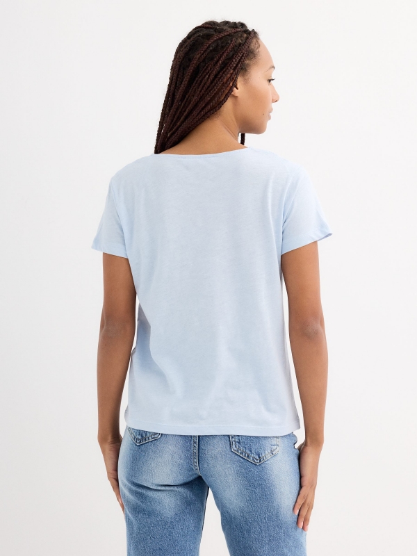 Short sleeve lace neckline t-shirt light blue middle back view