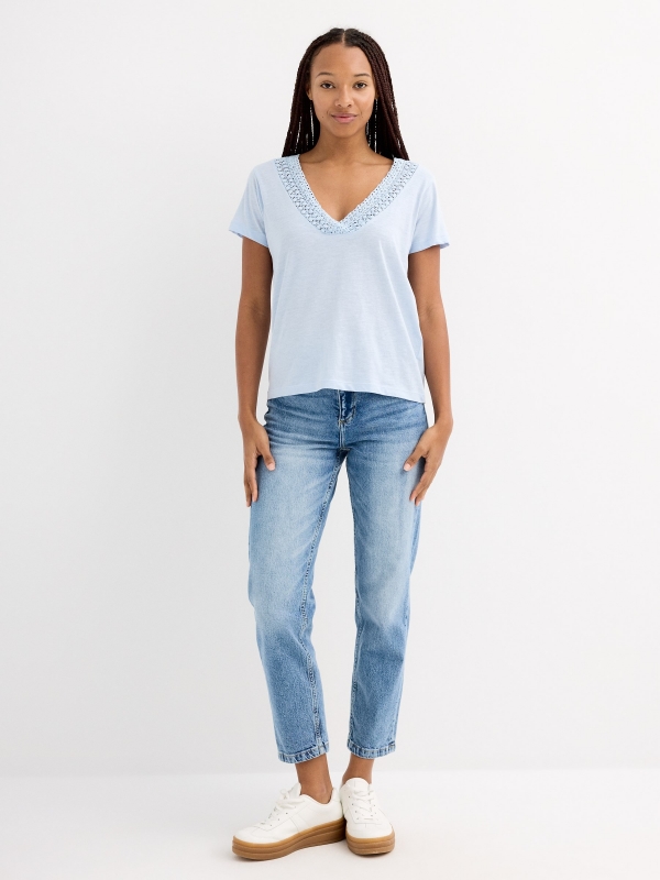 Short sleeve lace neckline t-shirt light blue general front view