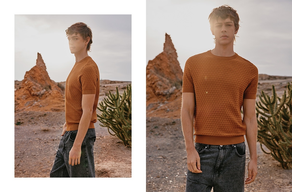 Textured short sleeve t-shirt light brown middle front view