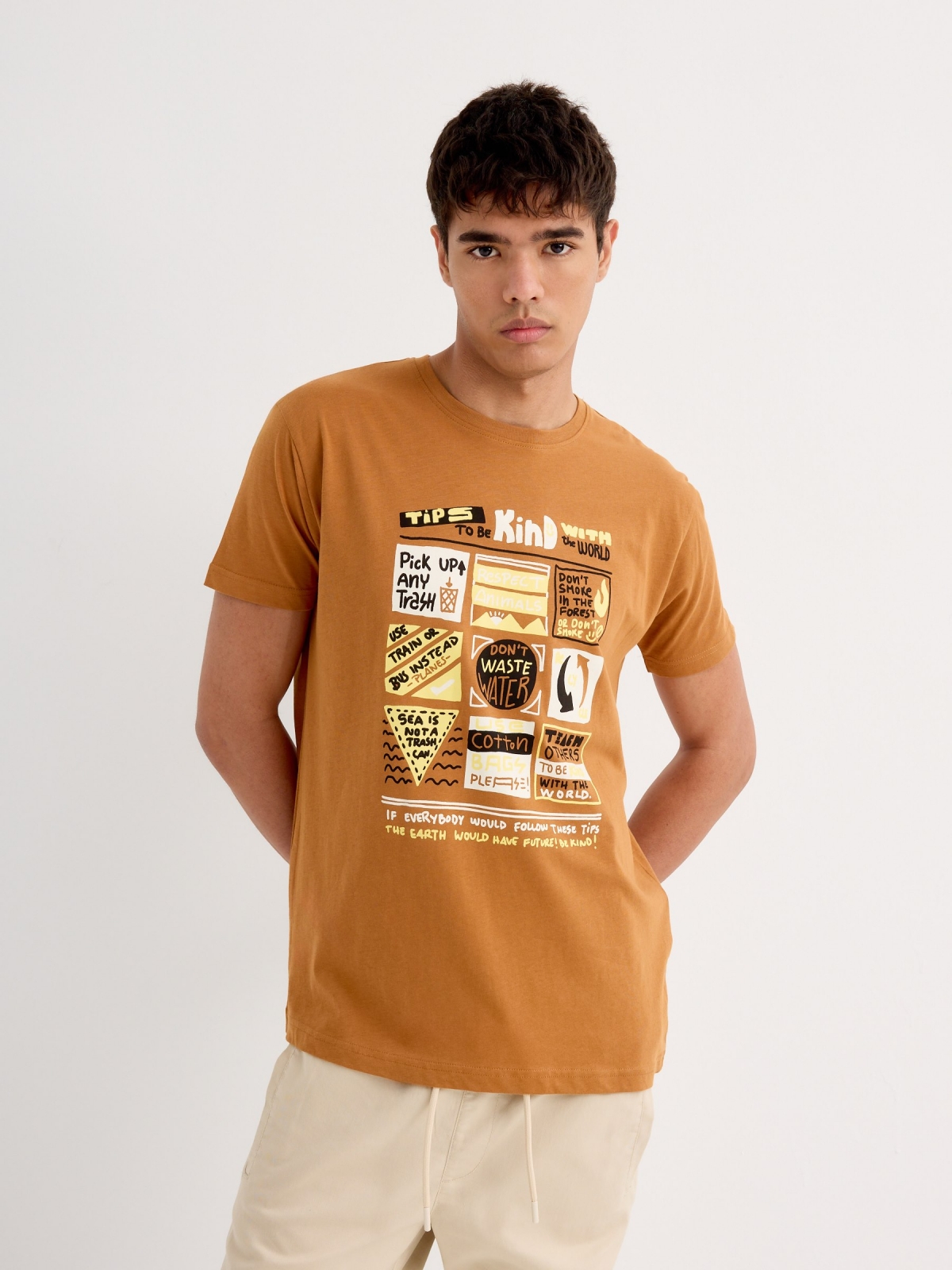Short sleeve graphic t-shirt light brown middle front view