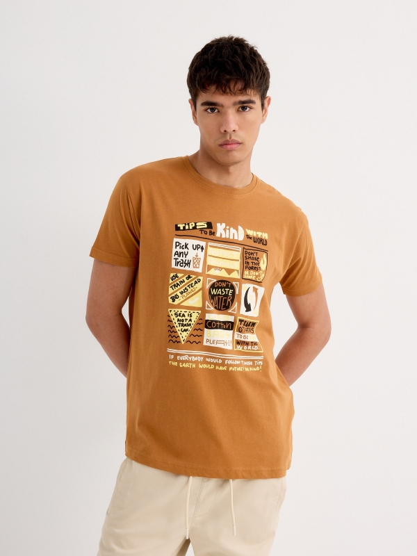 Short sleeve graphic t-shirt light brown middle front view