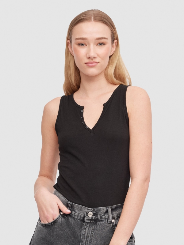 V-neck t-shirt with buttons black middle front view