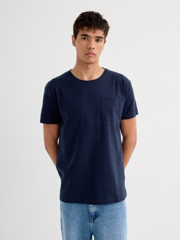Camiseta manga corta bolsillo jacquard azul marino vista media frontal