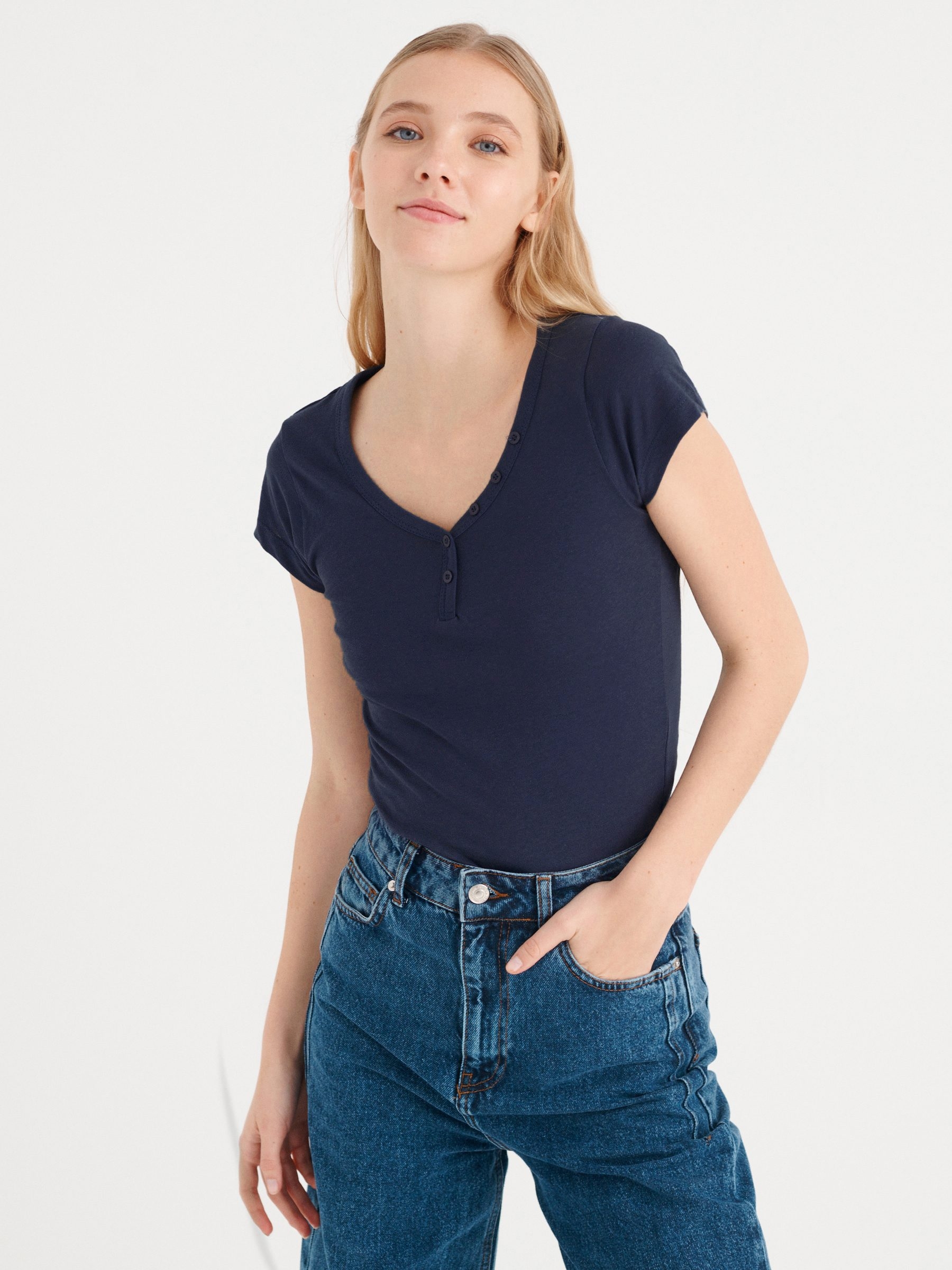 INSIDE Camiseta básica cuello pico, Azul, L