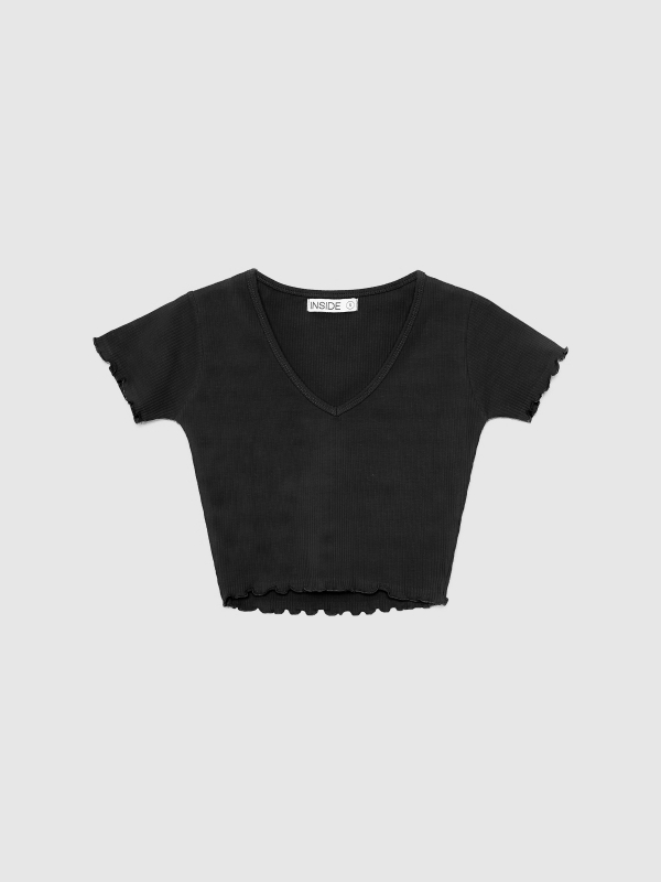  Camiseta crop con pico curly negro vista frontal