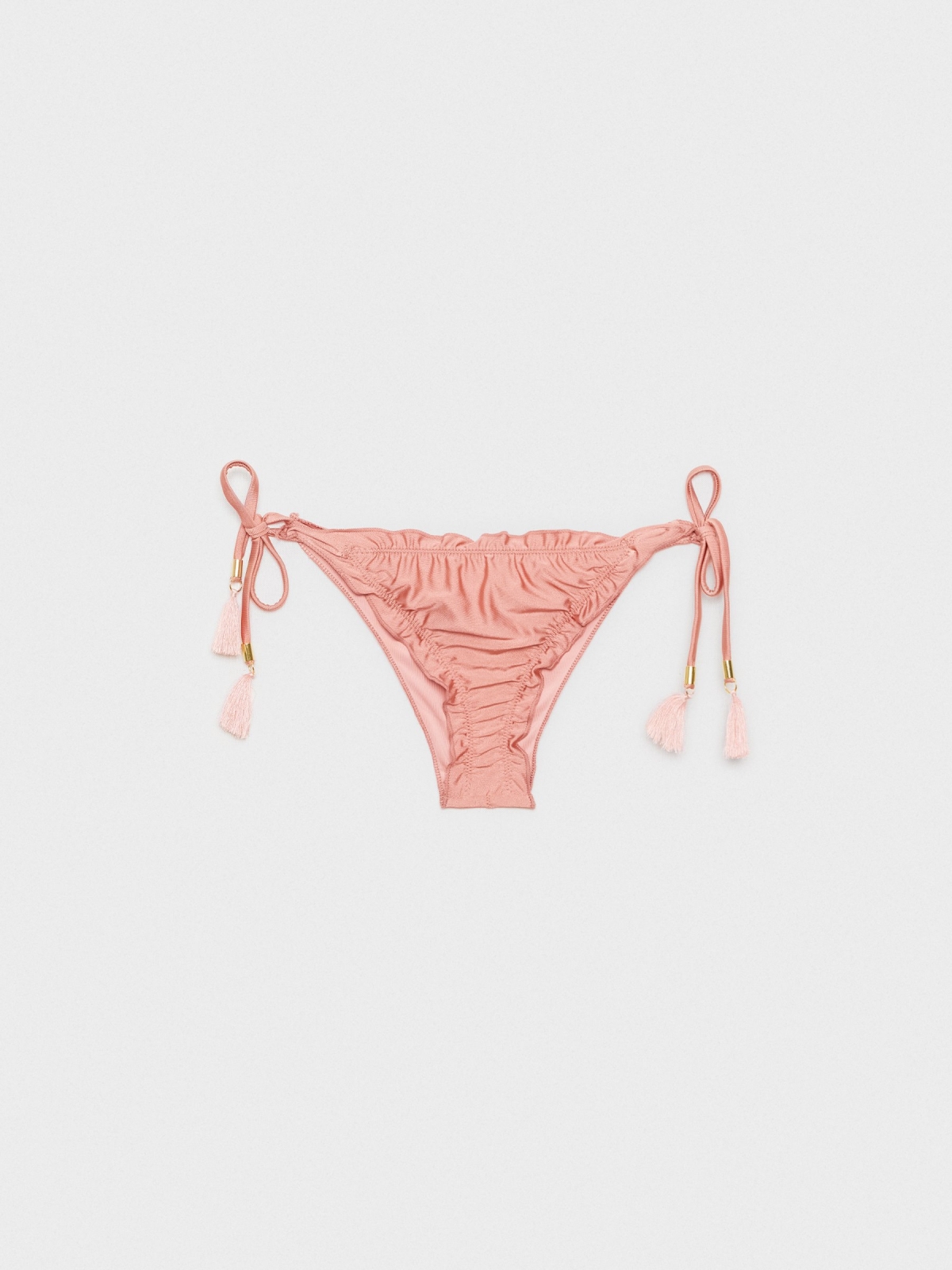 Cueca de biquíni efeito metalizado rosa pó vista detalhe frontal