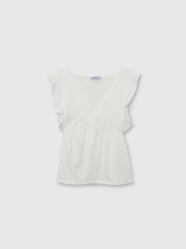  T-shirt with ruffled sleeves and eyelet detailing white front view