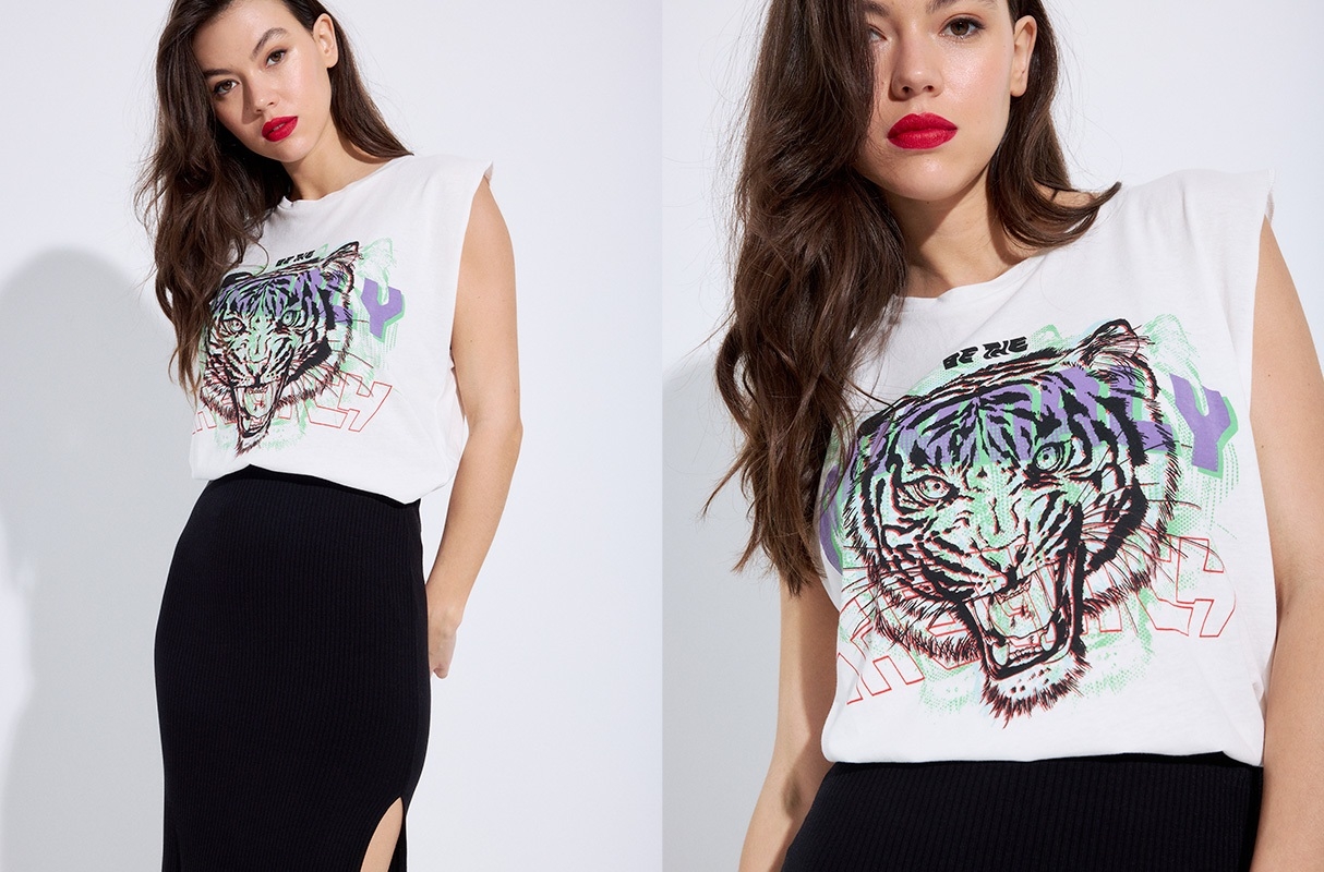 Camiseta tigre sin mangas blanco roto vista media frontal