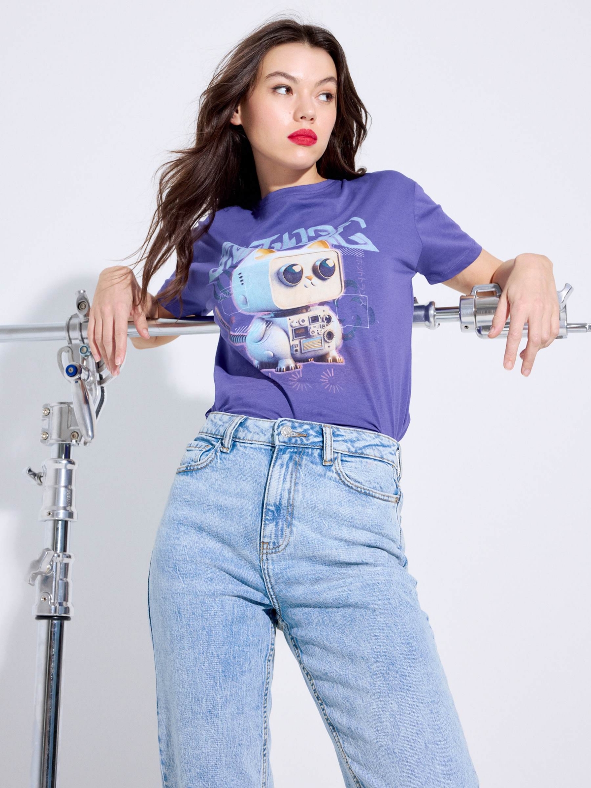 %New% Camiseta manga corta gato azul oscuro