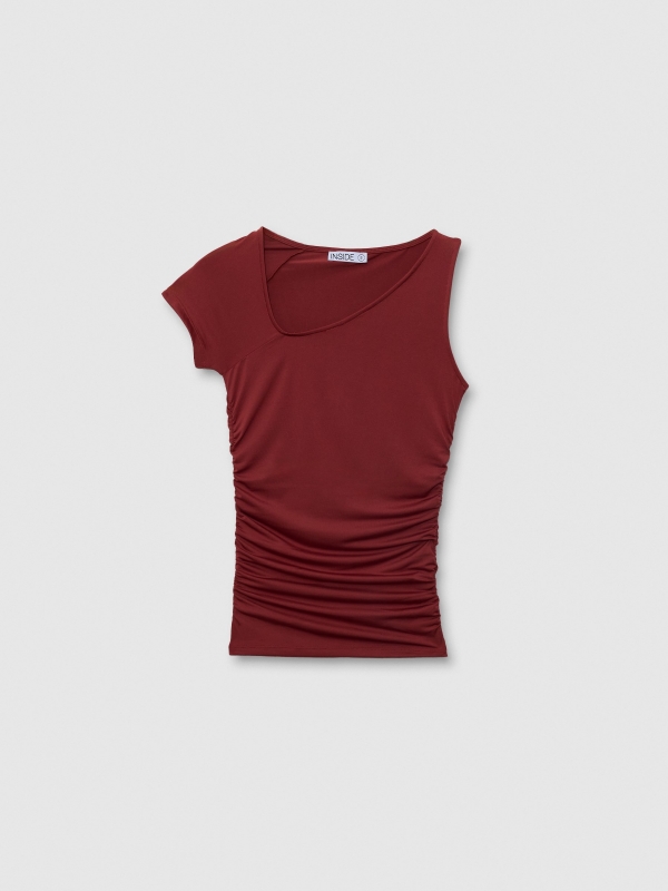  Ruched top with asymmetrical neckline brick red front view