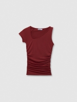 %Pto% Ruched top with asymmetrical neckline brick red front view
