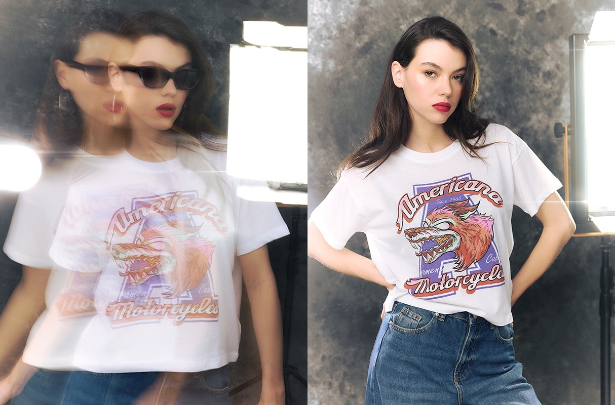 Camiseta crop Americana Motorcycles blanco vista media frontal