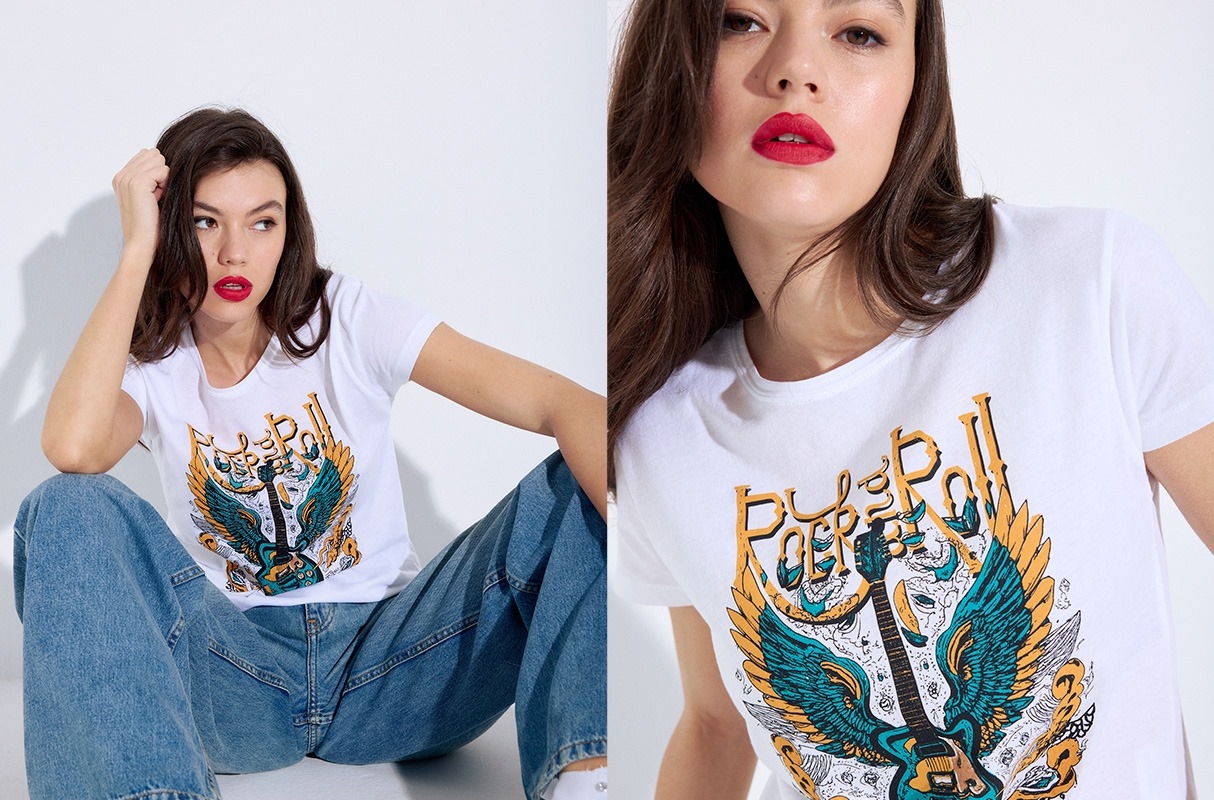 Camiseta de manga curta Rock and Roll branco vista meia frontal