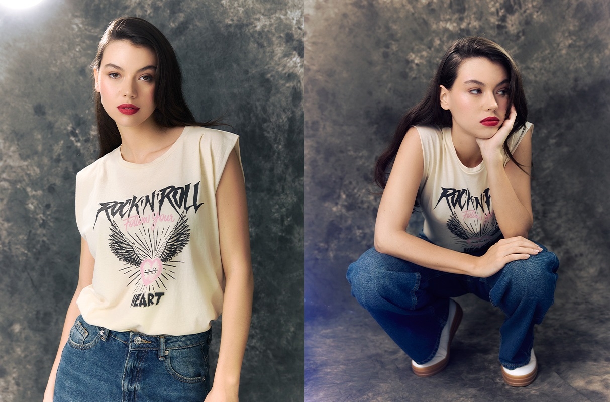 Camiseta sem mangas Rock and Roll areia vista meia frontal