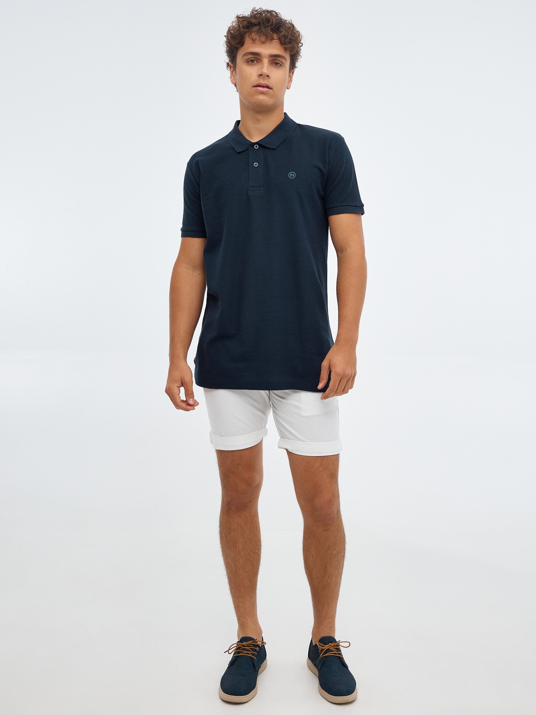 Basic polo shirt with engraved logo navy middle front view