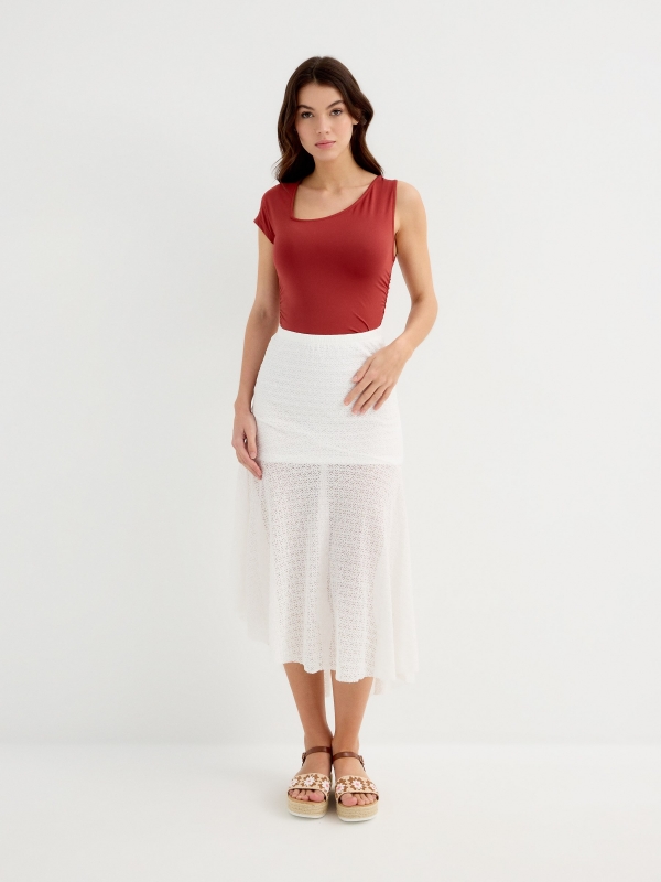 Ruched top with asymmetrical neckline brick red general front view