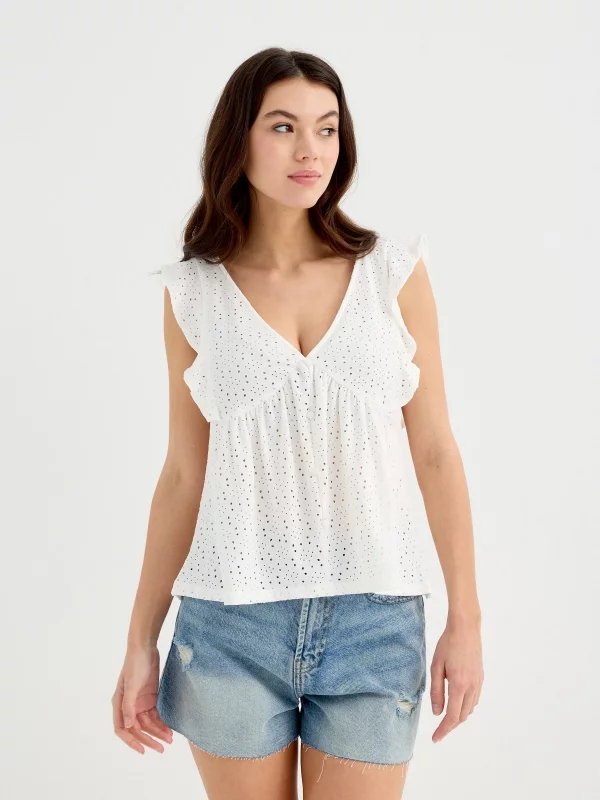 T-shirt with ruffled sleeves and eyelet detailing white middle front view