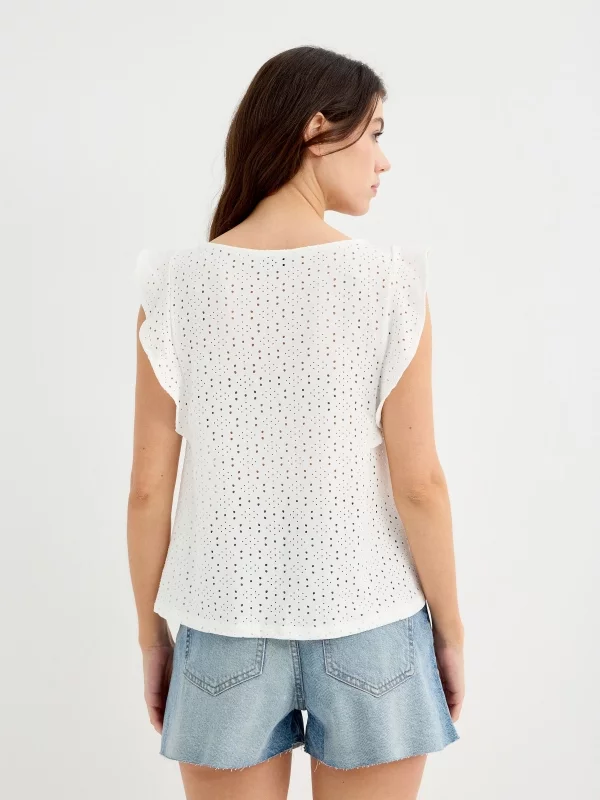 T-shirt with ruffled sleeves and eyelet detailing white middle back view