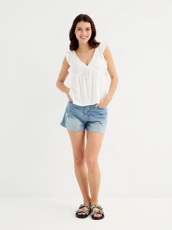 T-shirt with ruffled sleeves and eyelet detailing white general front view