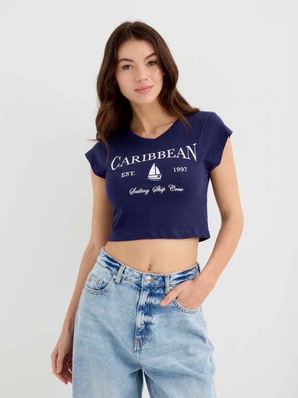 Short sleeve crop top Caribbean navy middle front view