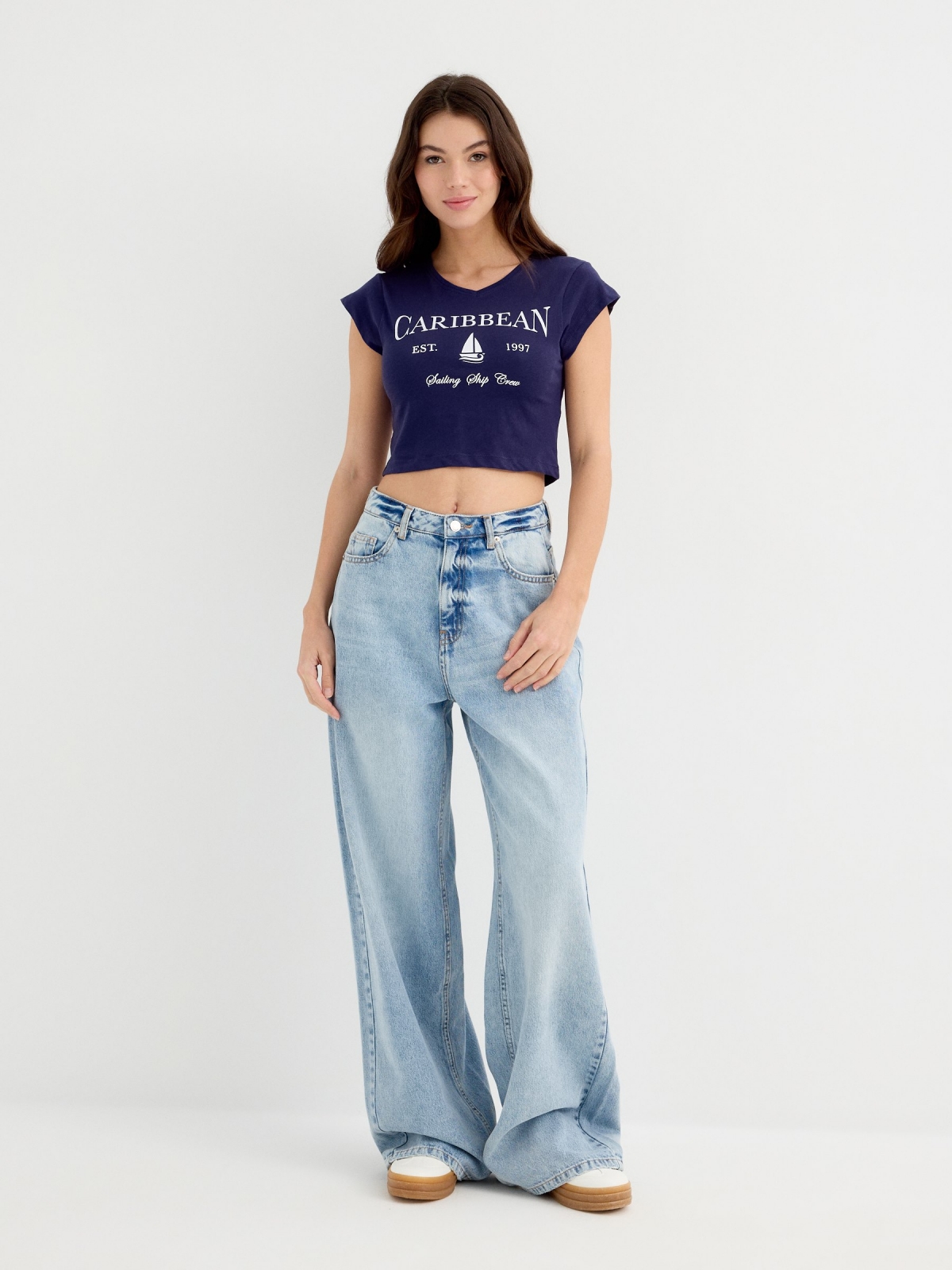 Short sleeve crop top Caribbean navy general front view
