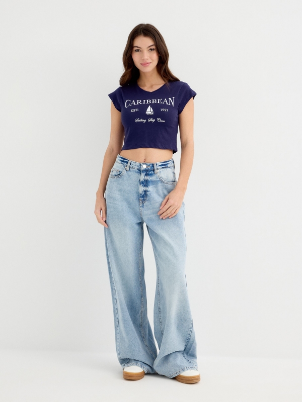 Short sleeve crop top Caribbean navy general front view