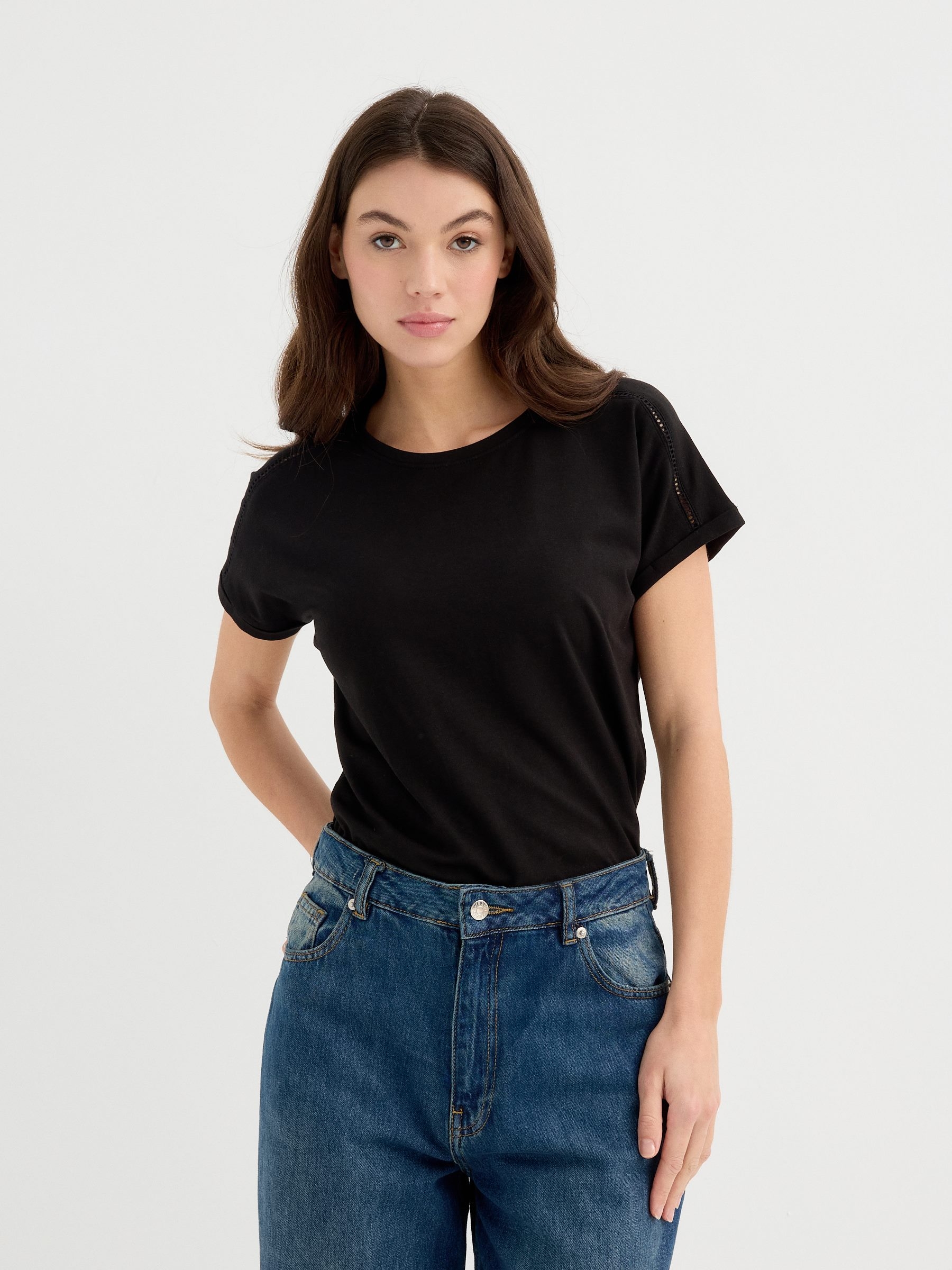 INSIDE Camiseta manga corta entredós, Negro, M