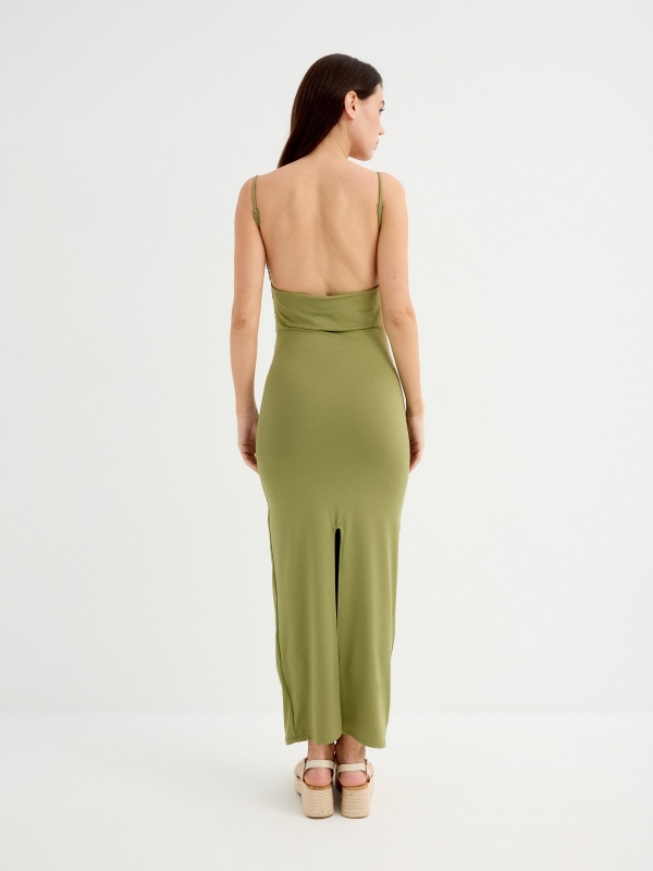 Draped midi dress olive green three-quarter back view