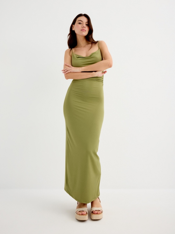 Draped midi dress olive green detail view