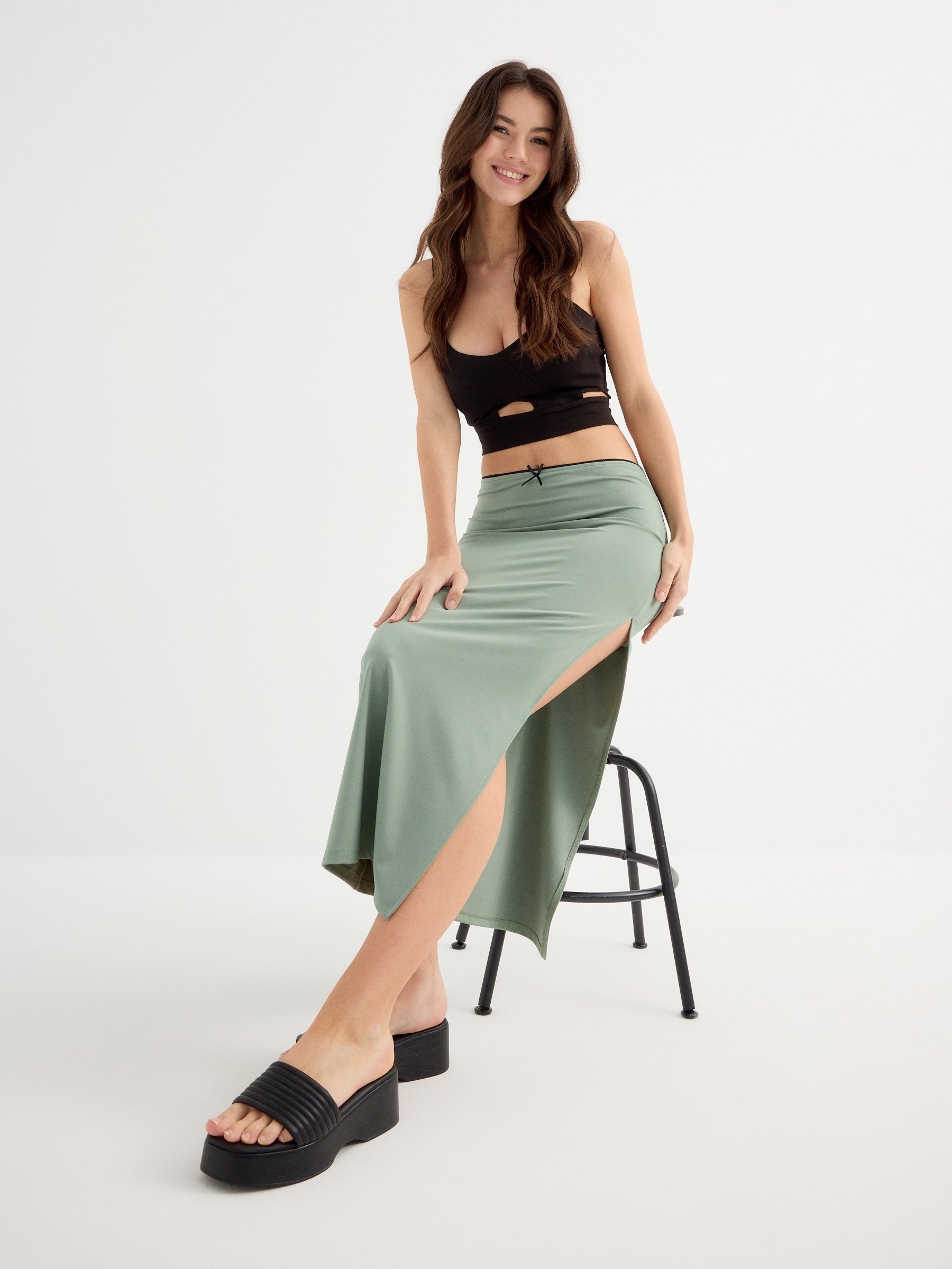 Green midi skirt greyish green middle front view