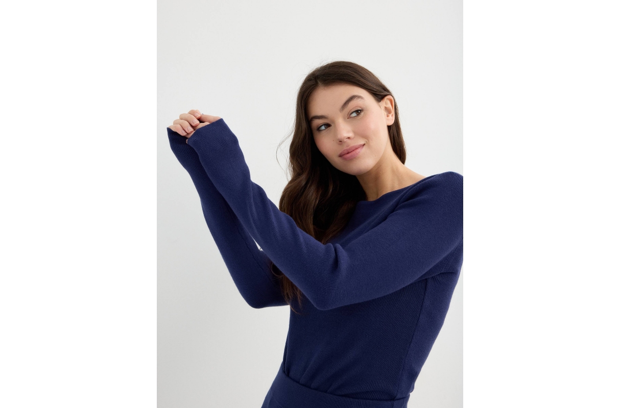 Blue knit shirt navy middle front view