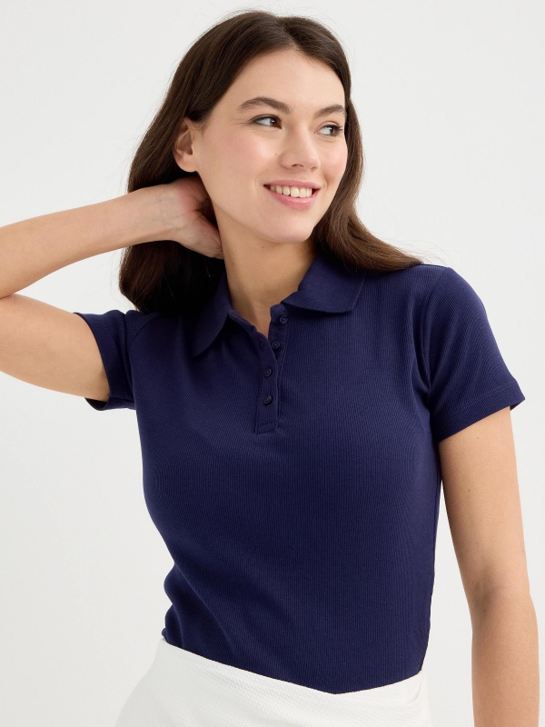 Ribbed polo navy detail view