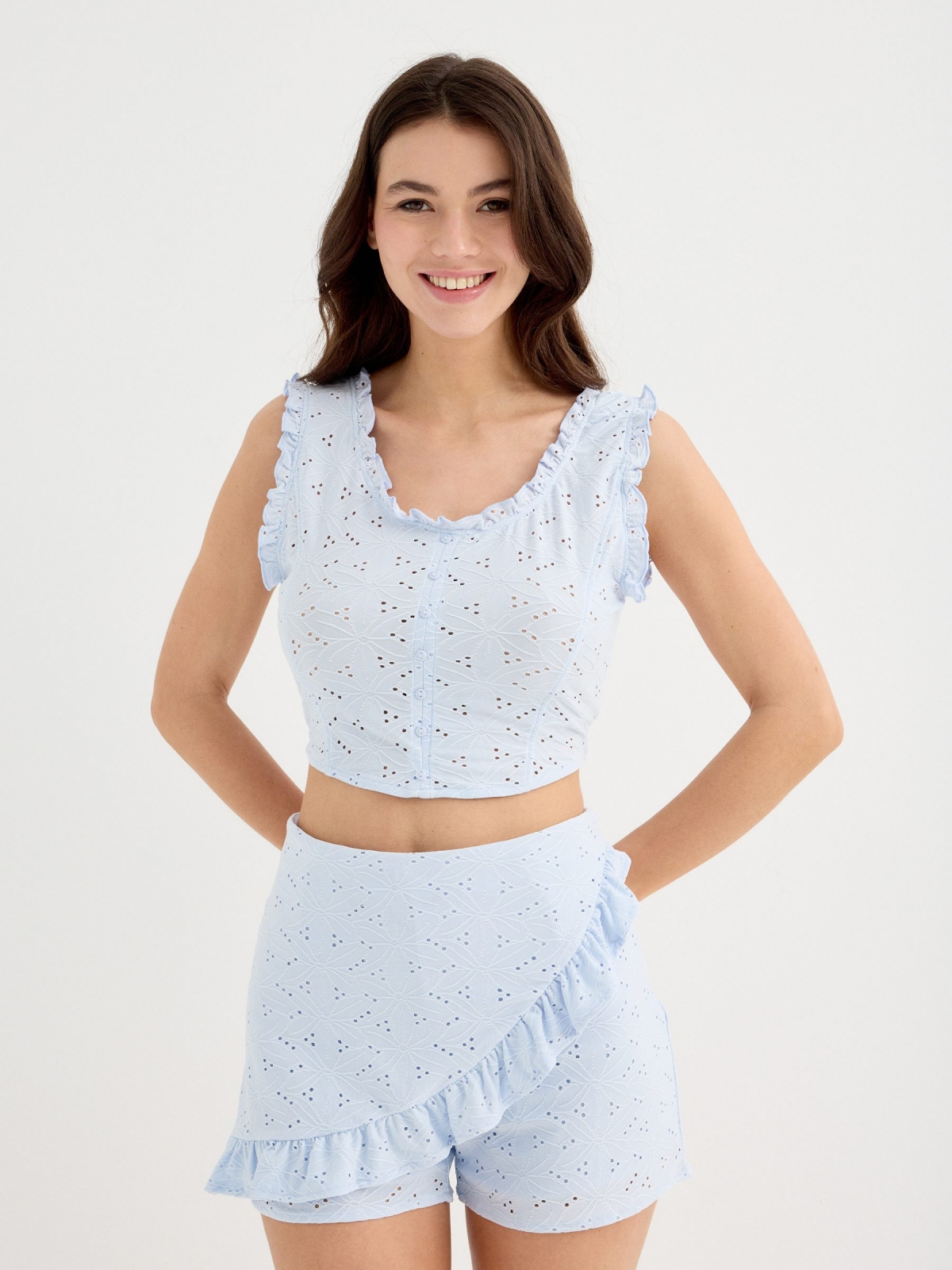 Swiss embroidered top blue middle front view