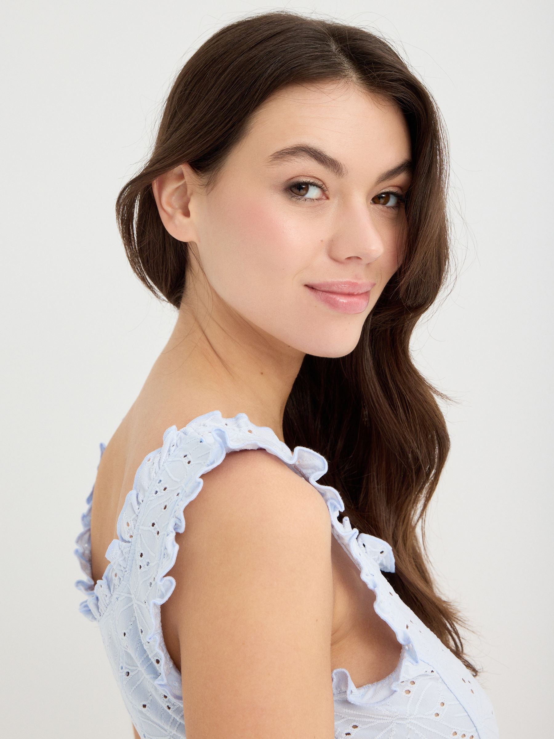 Swiss embroidered top blue middle front view