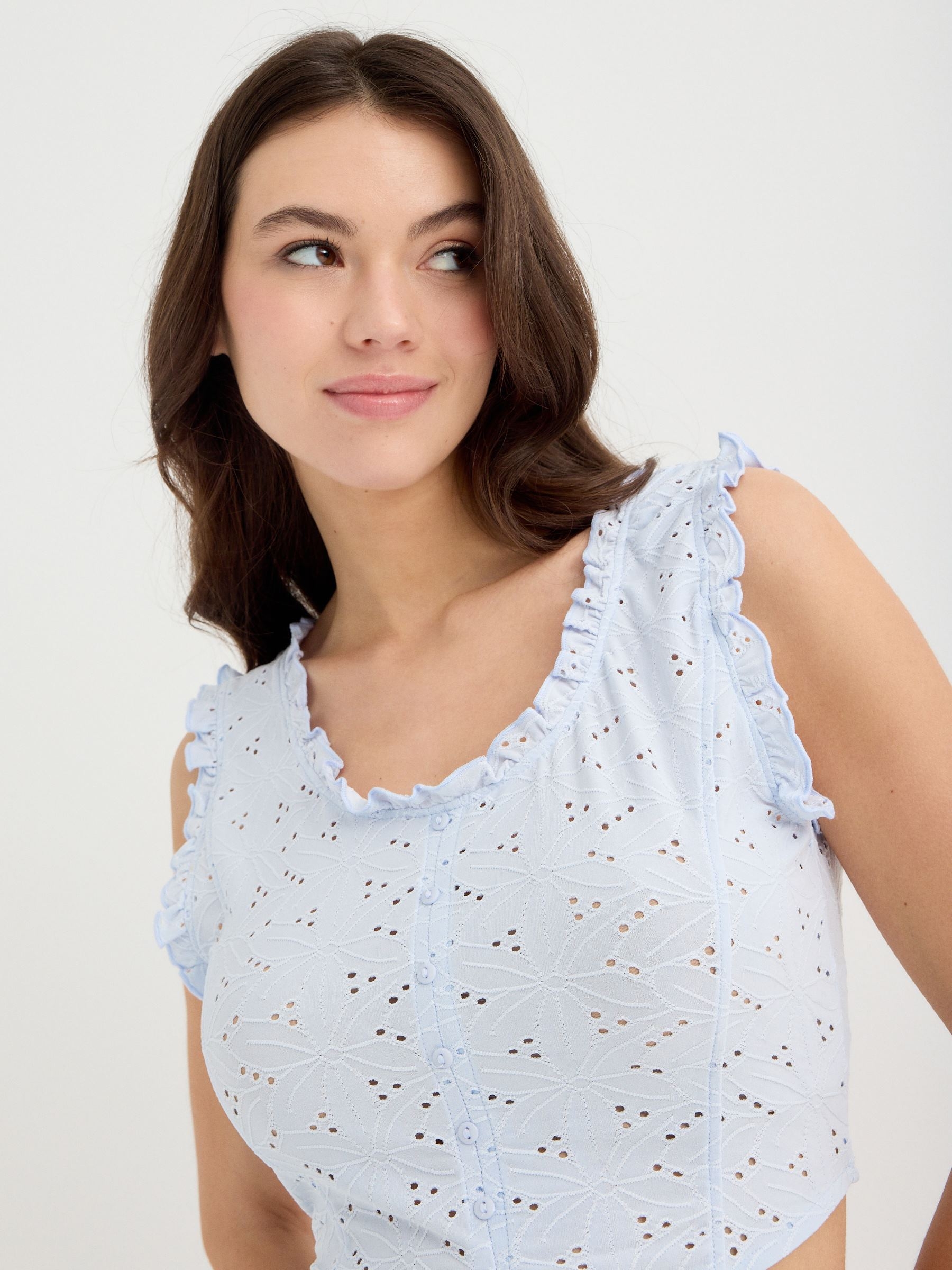 Swiss embroidered top blue middle front view