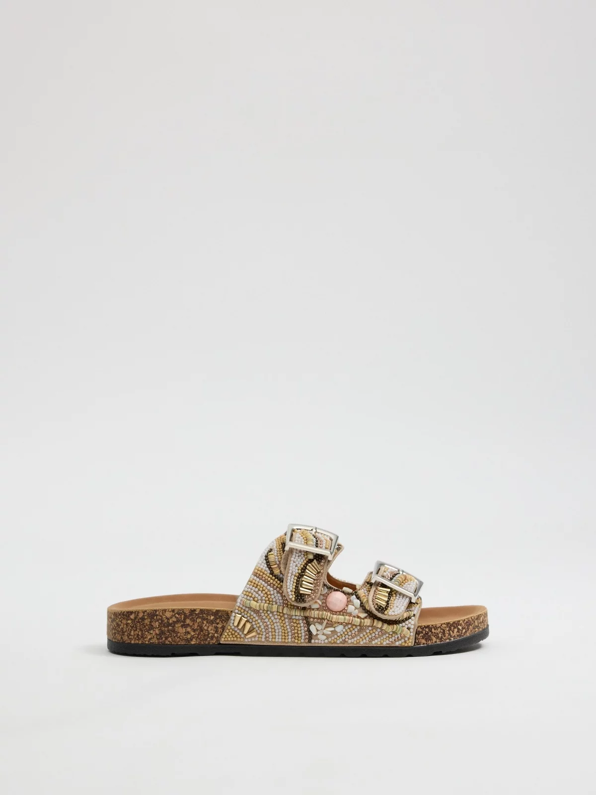 Double buckle sandal with rhinestones beige profile view