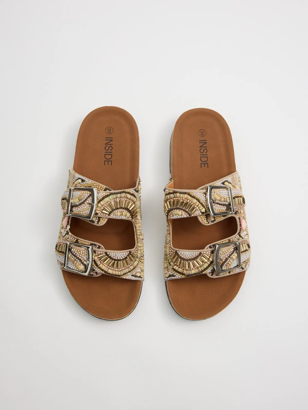 Double buckle sandal with rhinestones beige zenithal view