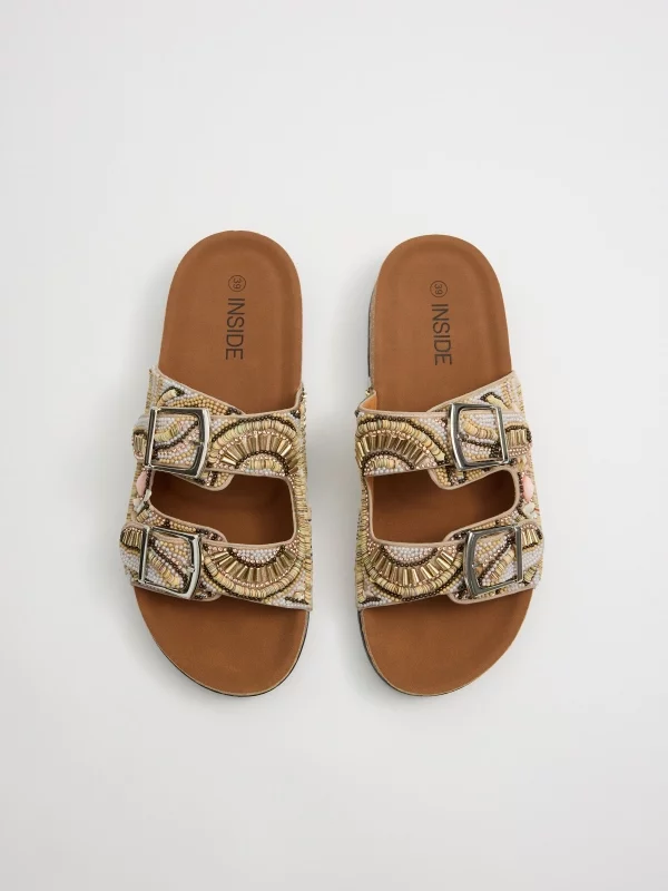 Double buckle sandal with rhinestones beige zenithal view