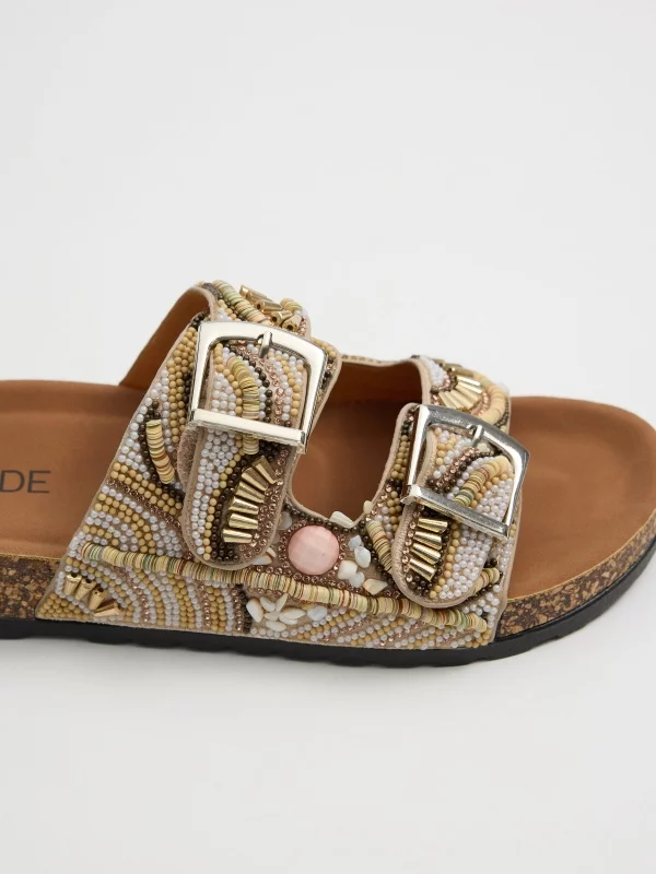 Double buckle sandal with rhinestones beige detail view