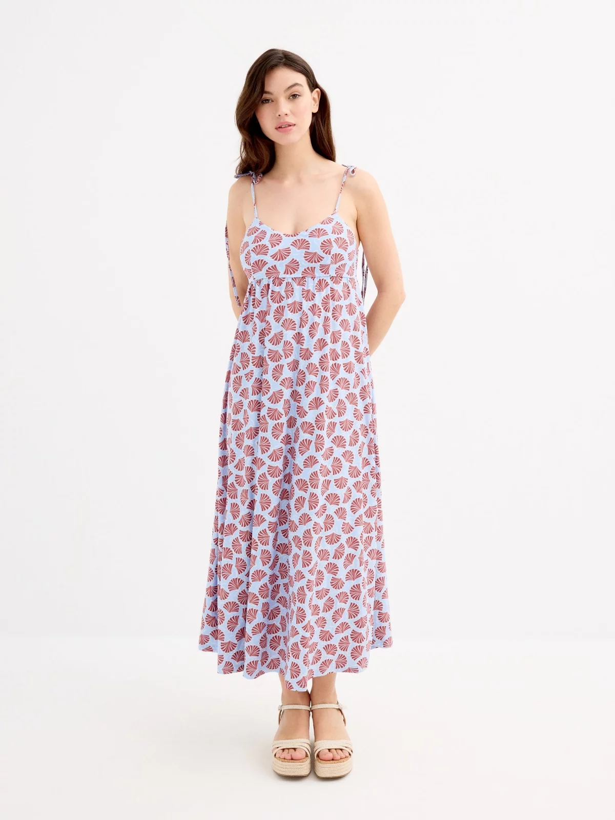 Midi dress with printed straps light blue three-quarter front view